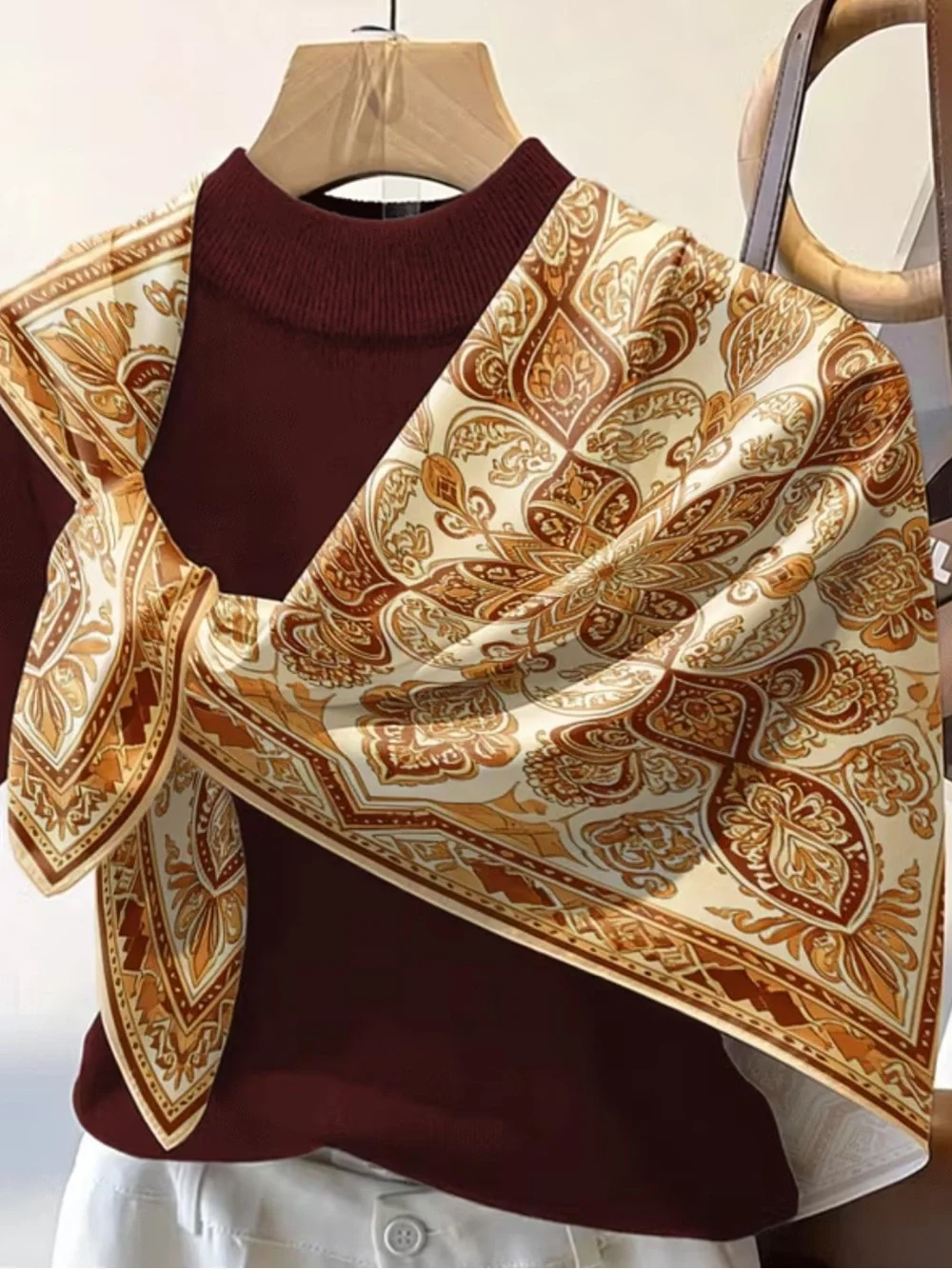 Gold Tone  Paisley Scarf in Cream and Brown - Silky Soft